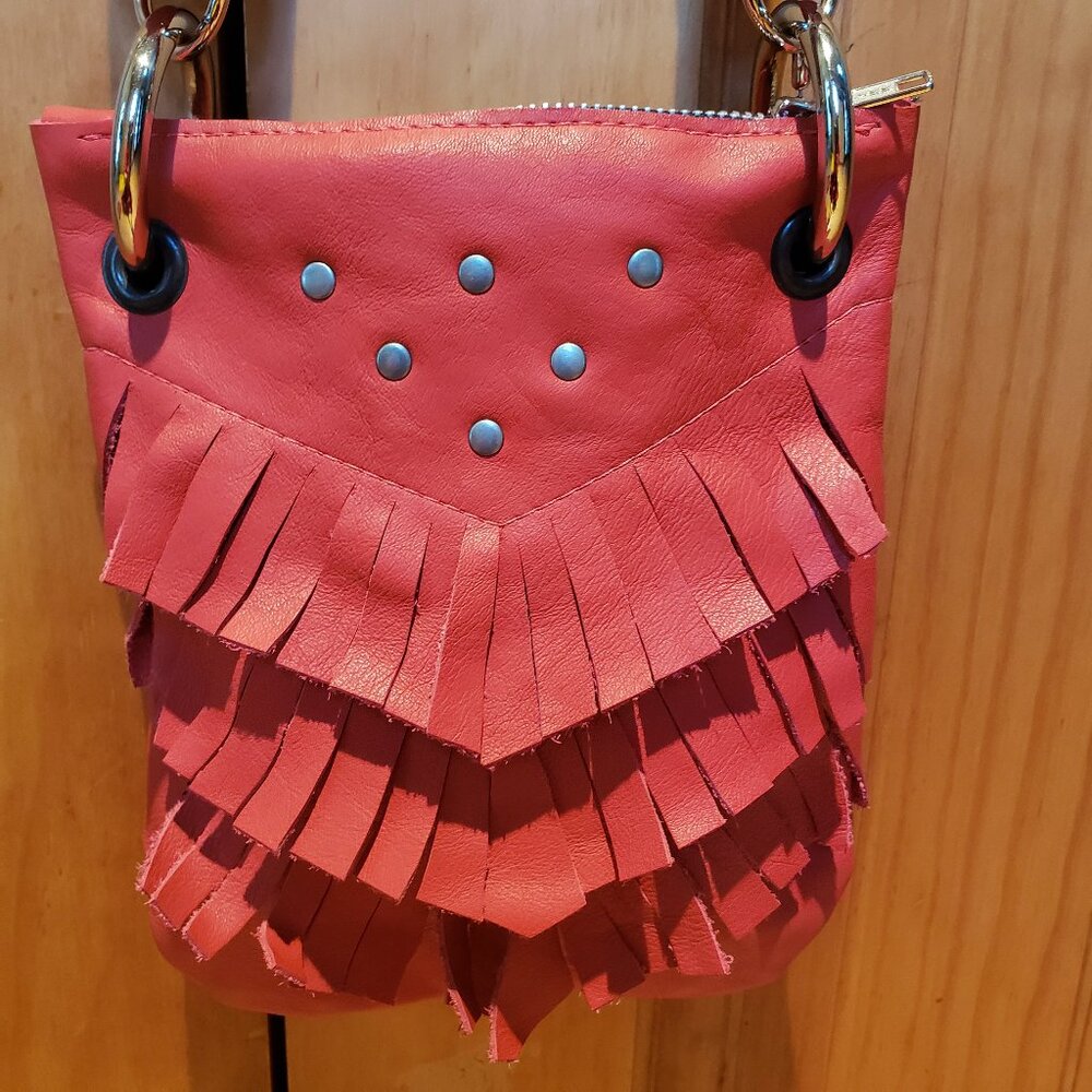 Red leather fringe crossbody festival silver accents adjustable 8.5x7" Stud Boho